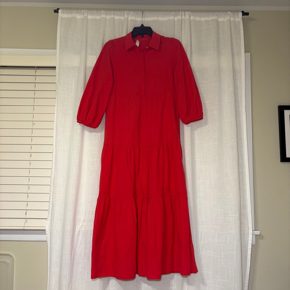 Pomander Place Dress Women‎ Small Red Tiered Midi Shirtdress Puff Sleeve Cotton